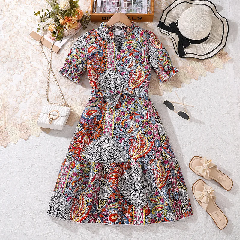 Summer Fashion Polyester A-Line Dress for Mature Big Girls and Kids Mini  Design with Puff Sleeve Flower Decoration Knee-Length