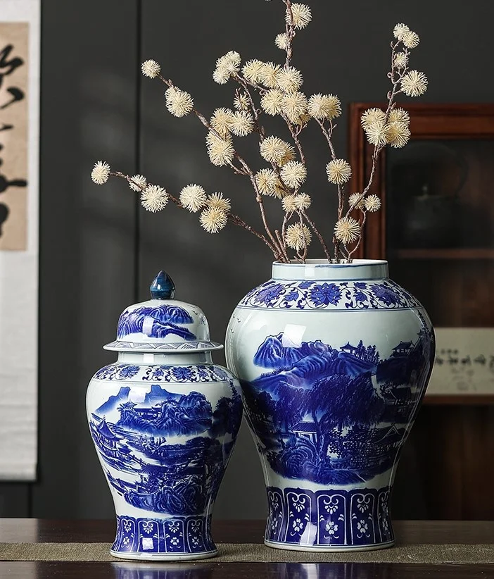 中国アンティークqing王朝青と白セラミック大きな花瓶手作り家の装飾
