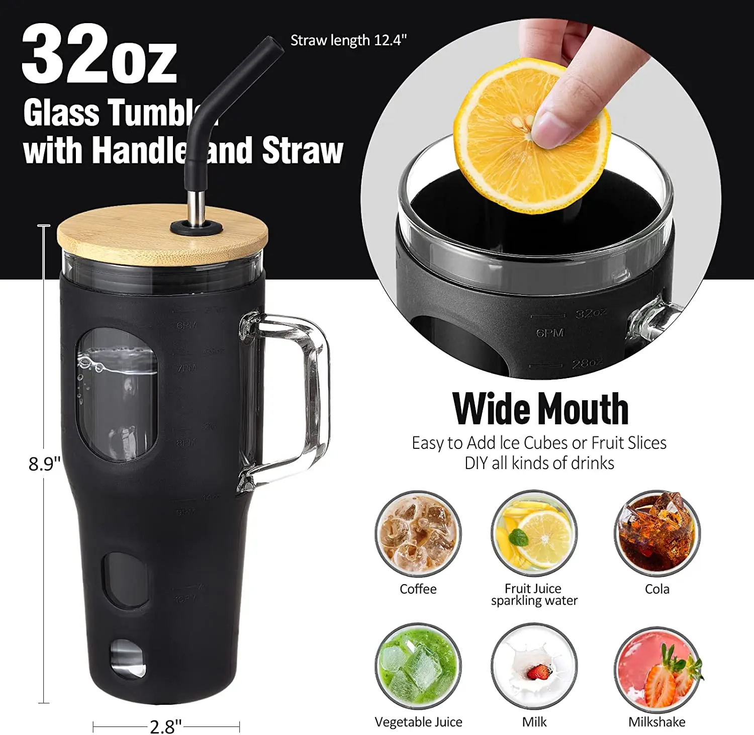 High Quality 32 Oz Glasses Tumbler Silicone Cover with Bamboo Lid Glass  Tumbler with Straw and Handle| Alibaba.com