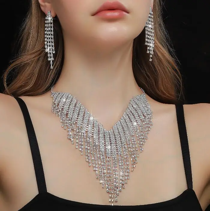 Europe and the United States Rhinestone Tassel Collarbone Chain New Exaggerated Wholesale Custom Jewelry Sets Necklace Set