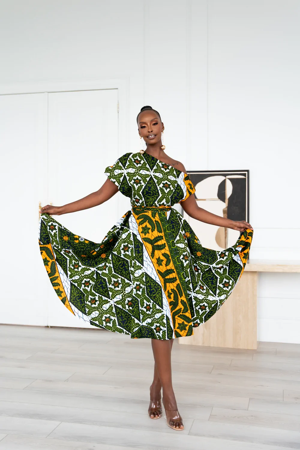 one shoulder african print dress One-Shoulder High-Low Hem Maxi Dress
