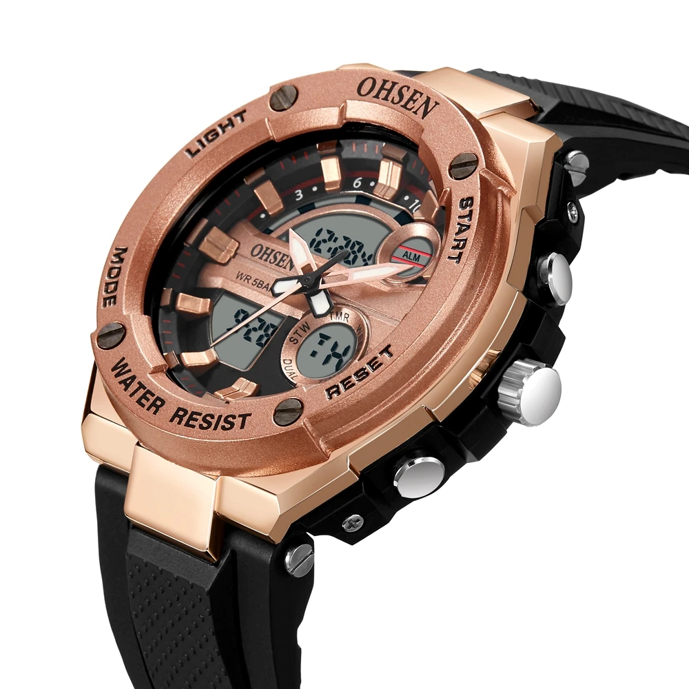 OHSEN 2205 Special Rose Gold Men Digital Watch Superior Silicone Band  Double Display Date Display Sports Leisure Watch Supplier