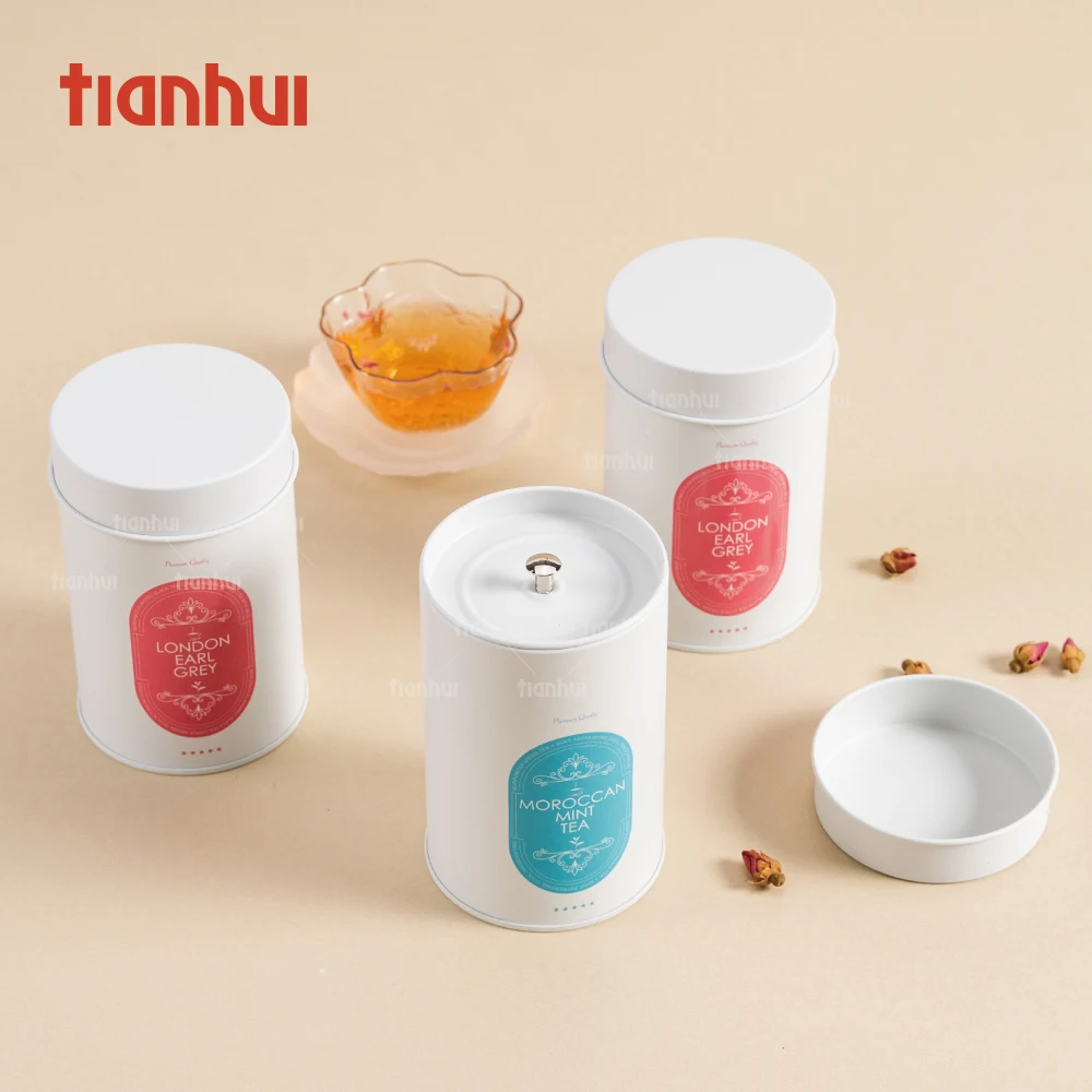 Hộp kim loại trống Tianhui, hộp tròn đựng trà có nắp đôi tùy chỉnh cho trà rời