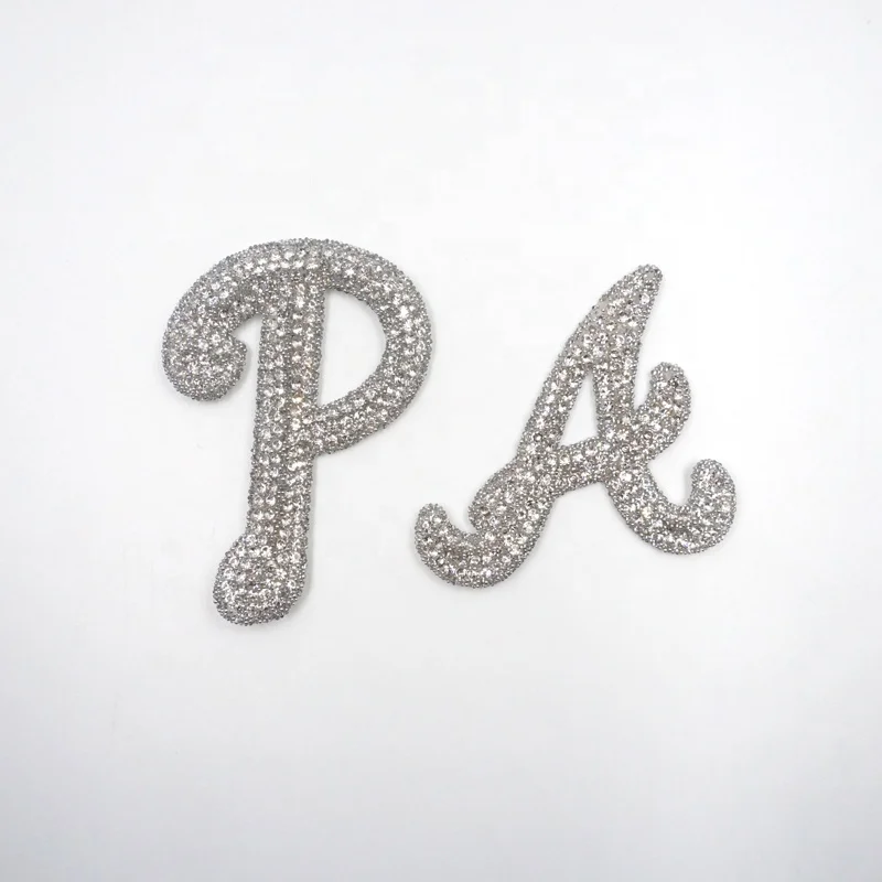 Free Sample 3D Rhinestone Transfers logo Motif Alphabet Brand Name Letter Applique Patch for Hats Shoes Pants