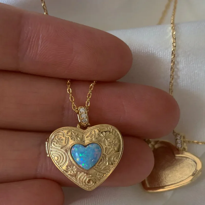 Unique Style INS Real Gold Plating Brass Fake Opal Gemstone Heart Photo Locket Pendant Necklace Fashion