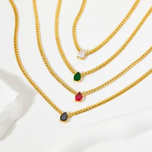 18K PVD Gold Plated Waterproof Stainless Steel Waterdrop Tear Droplet Shaped Zircon Pendant Bamboo Chain Sporty Necklace