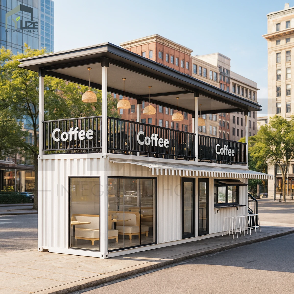 New Design Modern 2 Story Portable Prefabricated Steel Modular Shipping Container Cafe Shop Restaurant with Serving Window