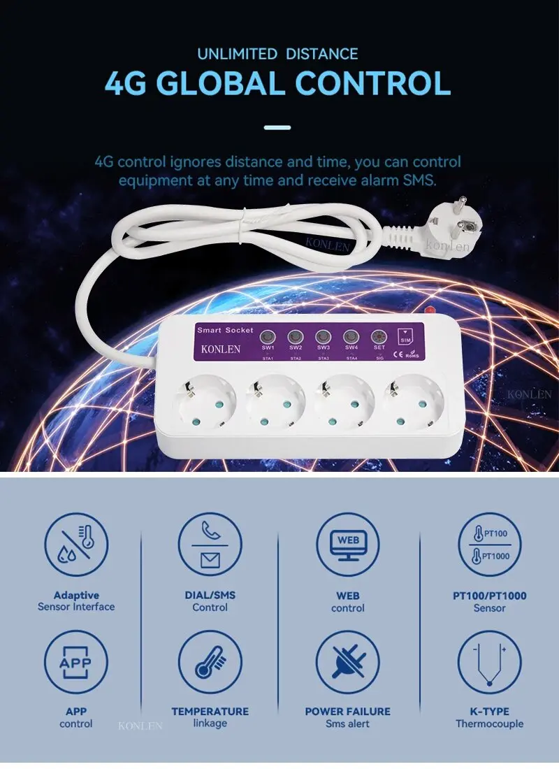 Smart Power Socket with 4 Outlets and Temperature Sensor