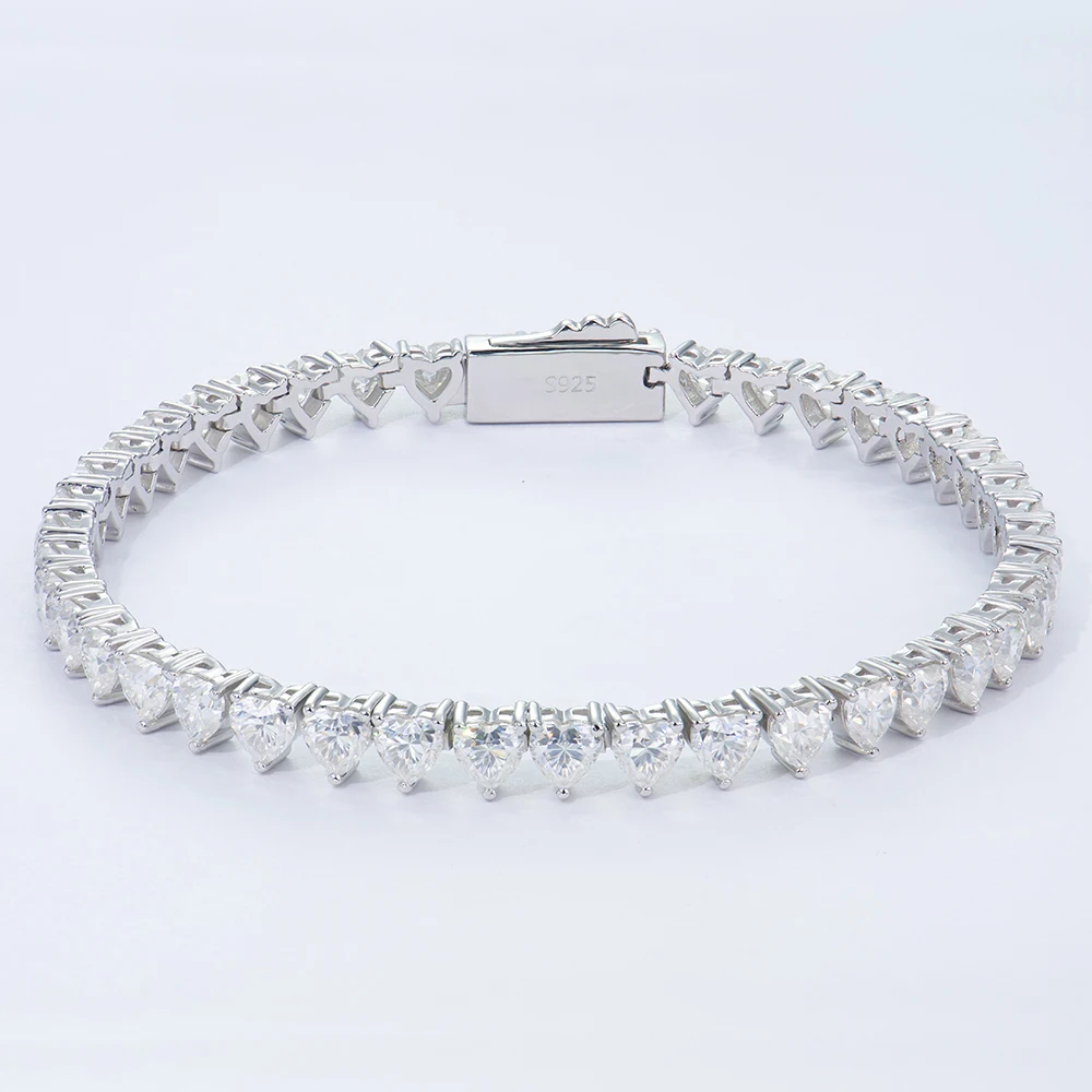 Wholesale 925 Silver Moissanite Tennis Chain Bracelet 4mm Heart Shape Unisex Jewelry for Men Hip Hop Gift