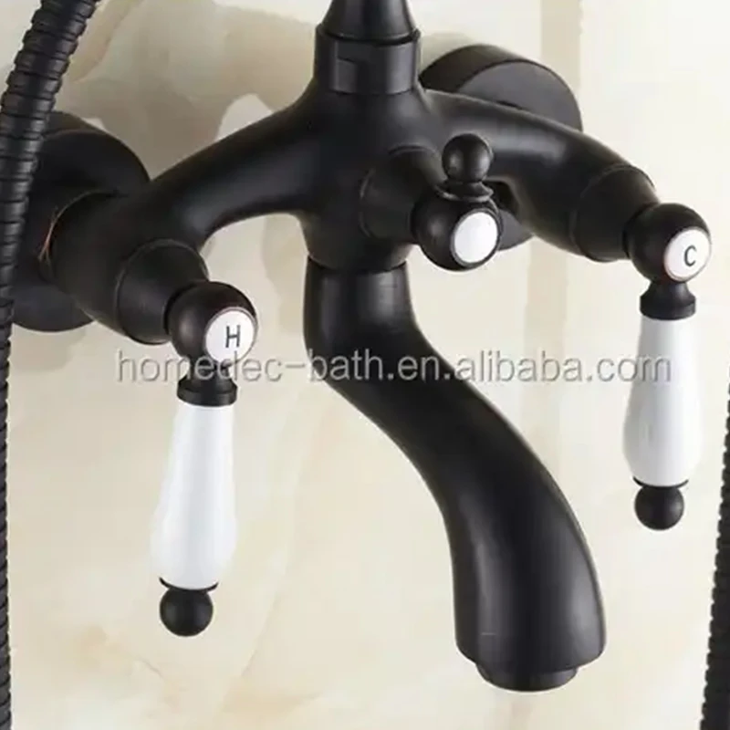 Wall Mount Clawfoot Bathtub Faucet – Brass Double Handle With Handheld Shower Sprayer, Vintage Style Black Finish