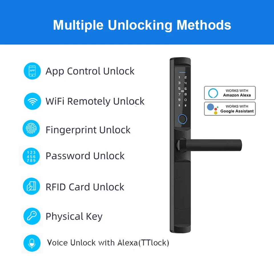 Tuya WiFi Smart Aluminum Sliding Door Lock – Fingerprint, Password, IC Card, Key, IP66 Waterproof, Double Hook Mortise