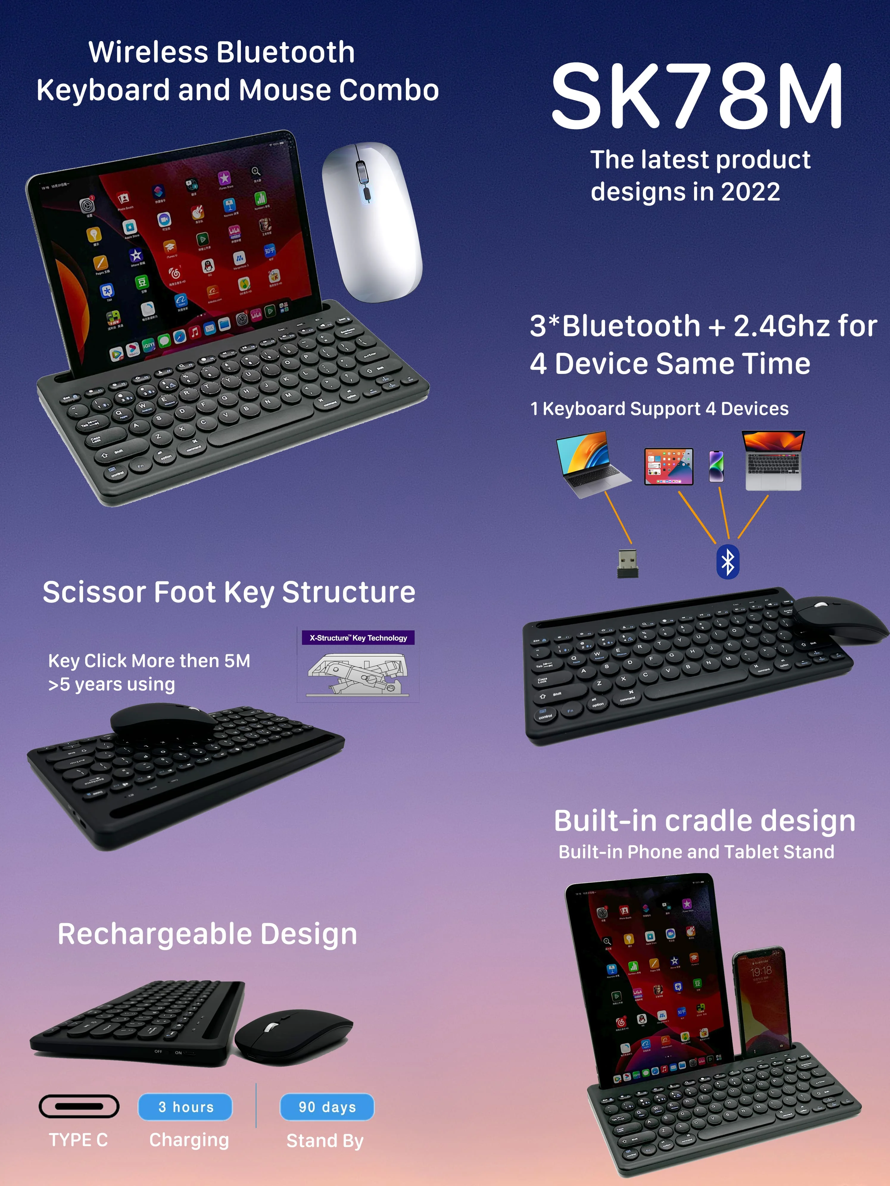 2023 New Design Cradle 4 Devices Wireless Multi Bluetooths 60 Keyboard