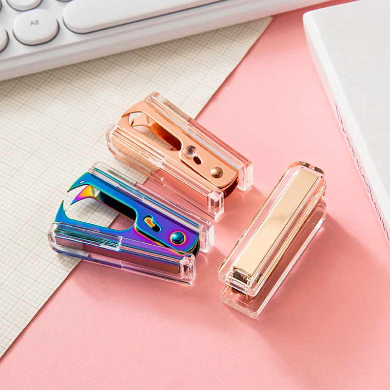 Hot Acrylic Stapler Luxury Rose Gold Rose Pink Staple Remover Staples Screwdriver Acrylic Gold Desktop Staple Stapler Matching