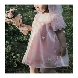 YOEHYAUL X3130 Factory Custom Pink Summer Baby Girl Party Wear Dress Princess Kids Short Sleeve Baby Girl Dress with Butterfly