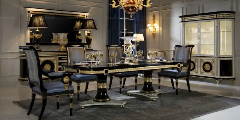 高級ヨーロッパイタリアンクラシックブルー無垢材アームチェア