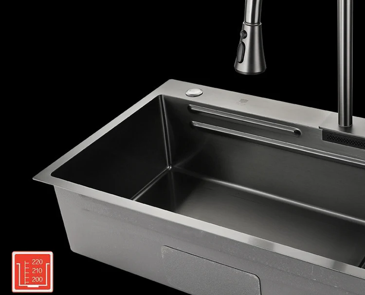 Single Bowl Tiktok Trends Black Stainless Steel Digital Display Kitchen  Sink With Waterfall Faucet Pull Lefton Kitchen Sink Set