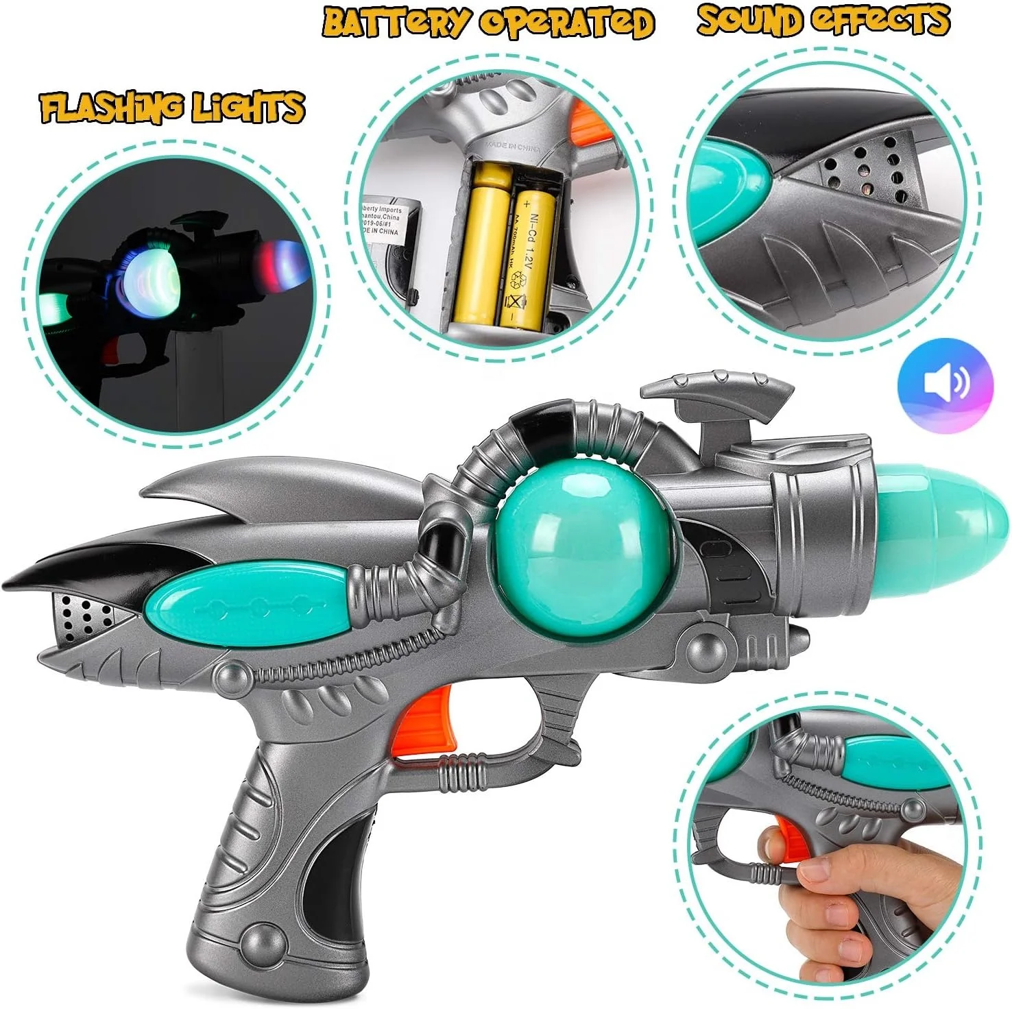 光線銃 スペース3 フラッシュ&サウンド LEDフラッシュライトとブラストレーザーサウンドのふりをした