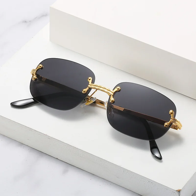 UNOC Luxury Rimless Hexagon Sunglasses 2021 Gold and Blue New Retro Metal Sun Glasses with Small Frame for Men and Women