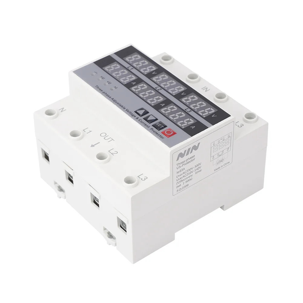 Three Phase Over Under Voltage Protector 63A Adjustable Dual Digital Din Rail Relay Surge Limit Over Current Protection