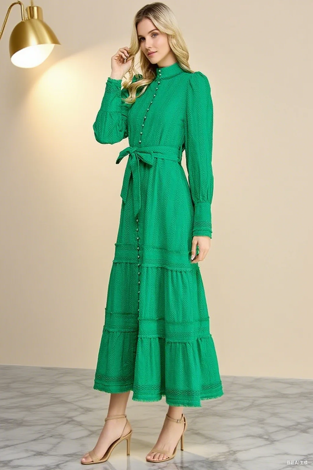 Chic Graceful Long Sleeve Maxi Dress For Women 100% Cotton Sustainable Elegant High Waist Lace & Button Design Modest Party - Image 2