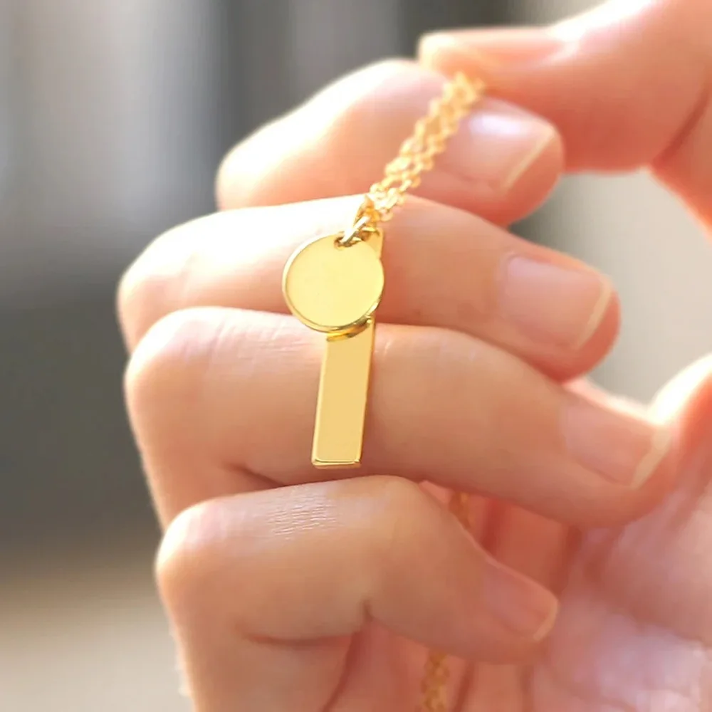 Stainless Steel Jewelry Round Charm Bar Necklace With Metal Tags Vertical  Design Blank Engraving Available