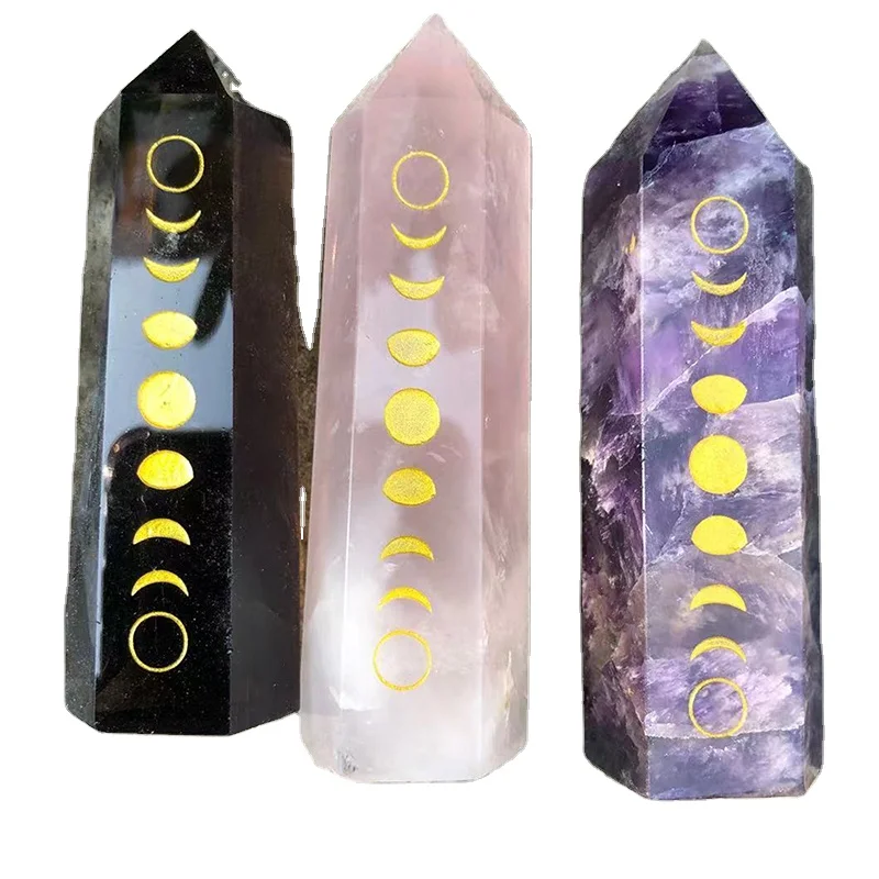 Crystal Tower Obelisk with Moon Phase Symbol Engraved Symbol Wholesale Crystal Point