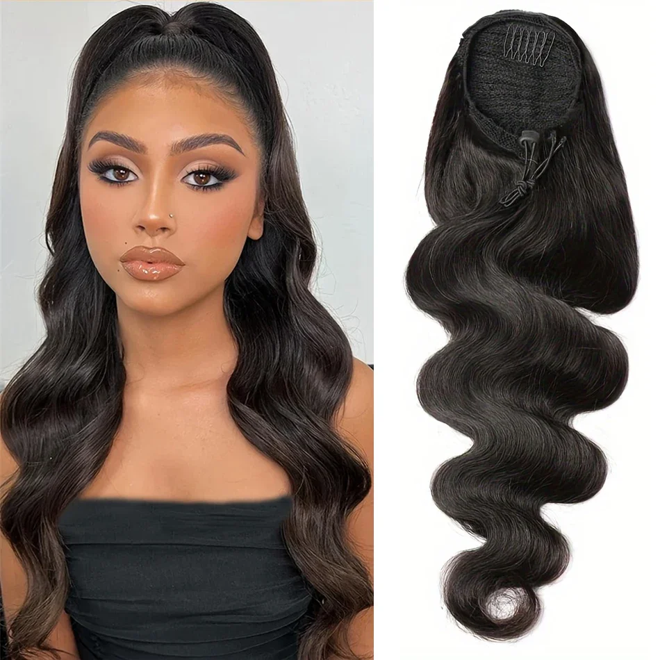 Body Wave Chip-in Hair Wrap Ponytail 100 Human Hair Extensions Natural Black Drawstring Ponytail For Woman 10-26Inch_voghion.com