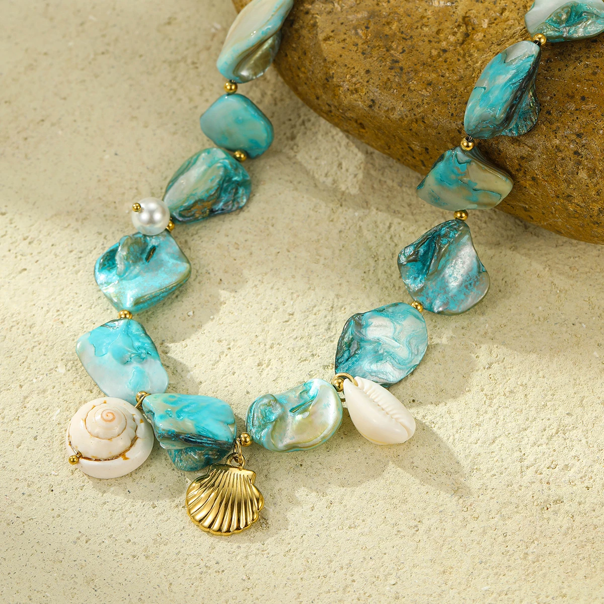 NIMAI Bohemian Blue Big Shell Starfish Pendant Charm Necklace Pearl Sea Snail Sea Shell Statement Stainless Steel Ocean Jewelry