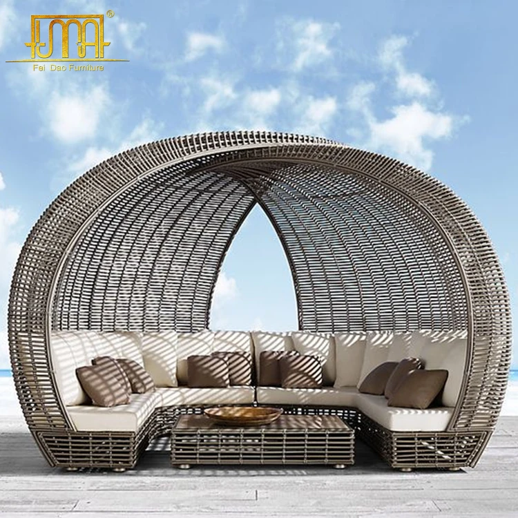 European style outdoor furniture wicker unique round shape sofa with canopy