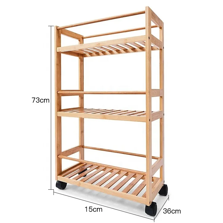3 Layer Movable Corner Bamboo Bathroom Kitchen Storage Shelf Rack with Wheel