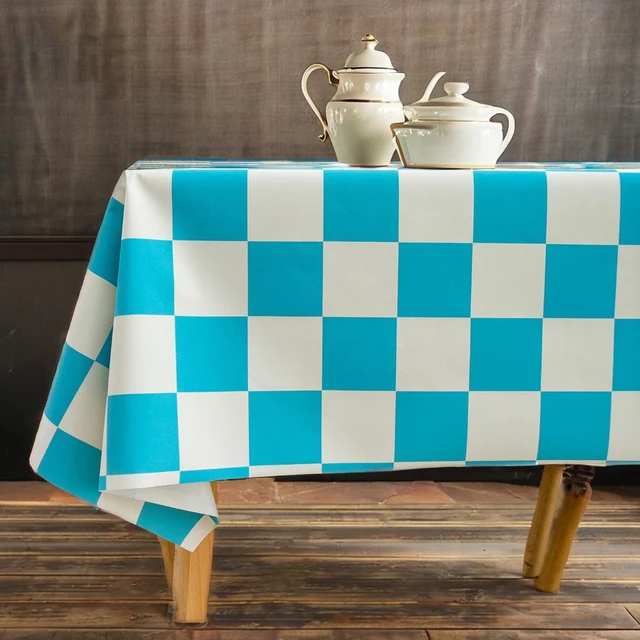 Wipe Clean Decorations Gingham Printed PVC Tablecloth round Geometric Pattern for Home Wedding Party Use