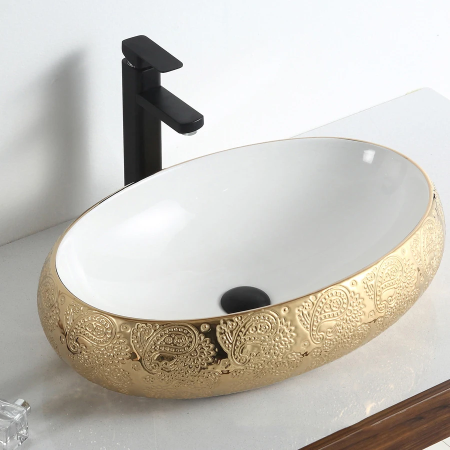 Lavabo Da Appoggio In Vetro Temperato Ovale - Design Moderno Oro Nero Per Bagno O Cucina - Foto 8