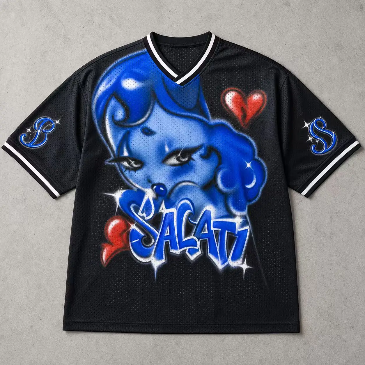 Wholesale Mens Sports Shirt Breathable Mesh Cartoon Heart Print Oversized V Neck Y2K Fashion Streetwear Men Sports Jersey