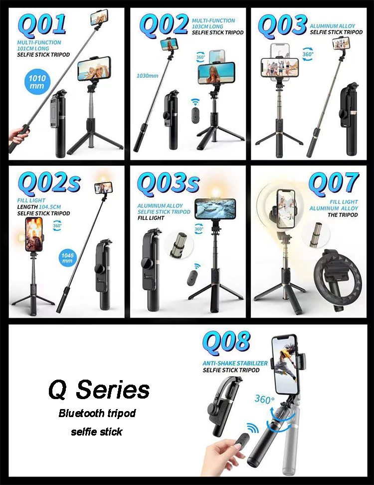 Q02s 3 In 1 Foldable 360 Flexible Tripod Selfie Stick With Led Fill
