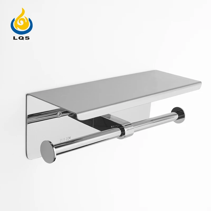 Wholesale SUS 304 Bathroom Towel Holder Stainless Steel Toilet Paper Tissue Double Holder With Phone Shelf