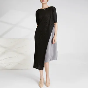 Miyake Pleated Casual Style Dress Loose A-line Irregular Stitching Two-color Women Pleated Design Dress