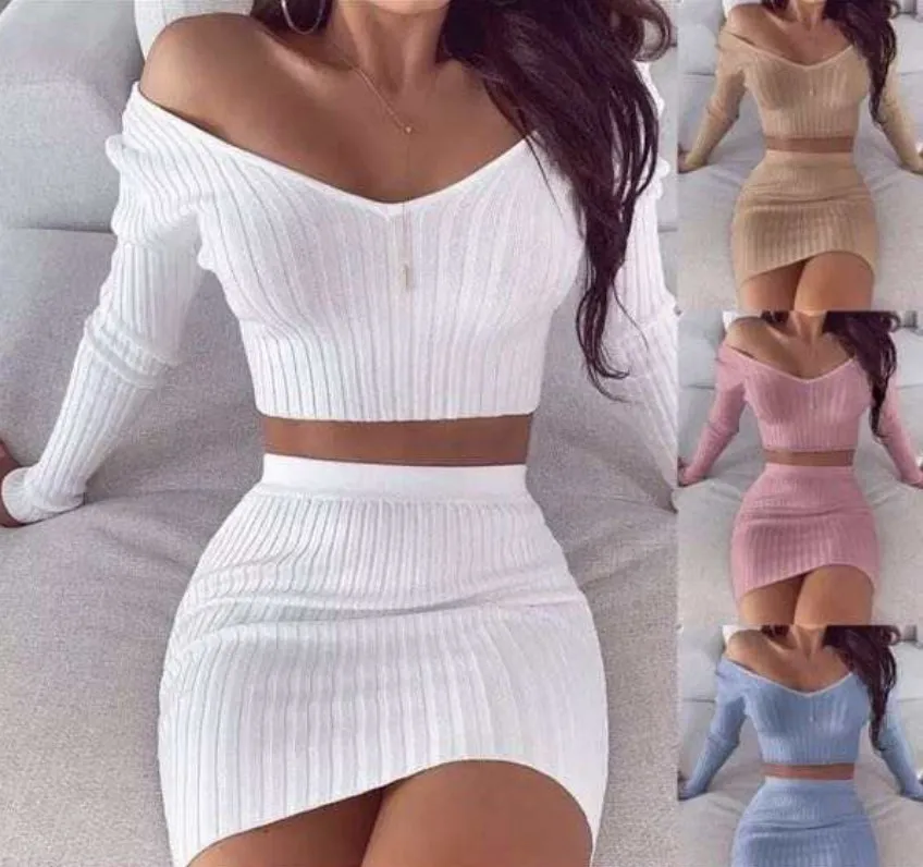 T20627 2021 fall 8colors women clothing 2 piece set knitted top with skirt two piece bodycon skirt set