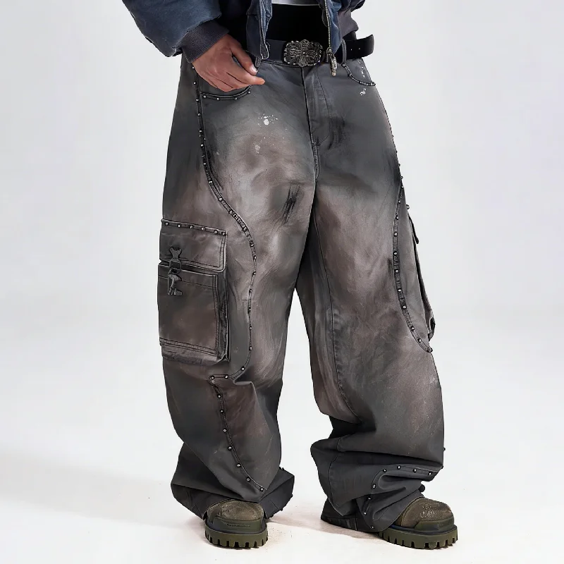 Men's High Street Style Custom Fit Vintage Wash Multi Pocket Jeans Metal Studs Hip Hop Stretch Ripped Denim Streetwear