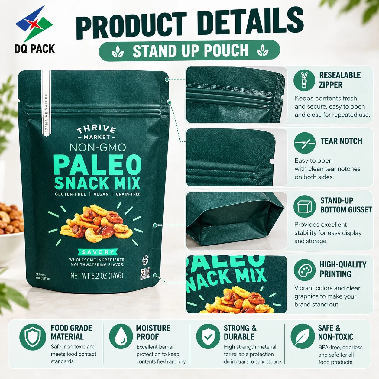 Custom Printed Stand up Pouch Food Grade Resealable Zipper Bag for Snack Pet Food Candy Nuts Packaging Wholesale