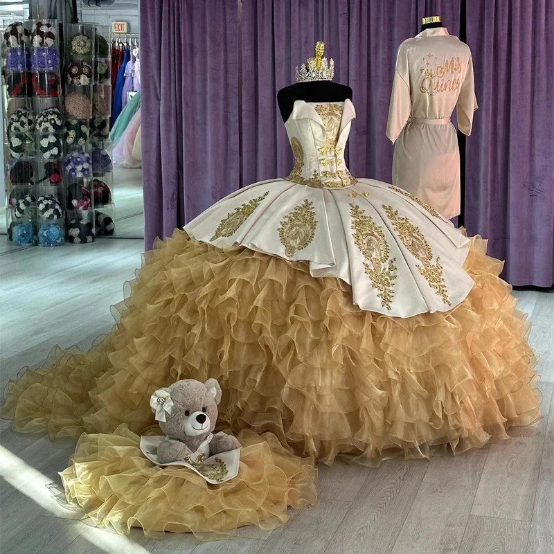 slim fit dress slacks Ball Gown Long Sleeve Quinceanera Dresses with Gold Lace