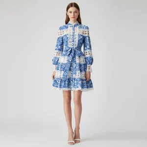 Vintage Stand Collar Tunic for Bandage Casual Breathable Anti-Wrinkle Anti-Static Midi Dress for Women Empire Hollow Lace A-Line