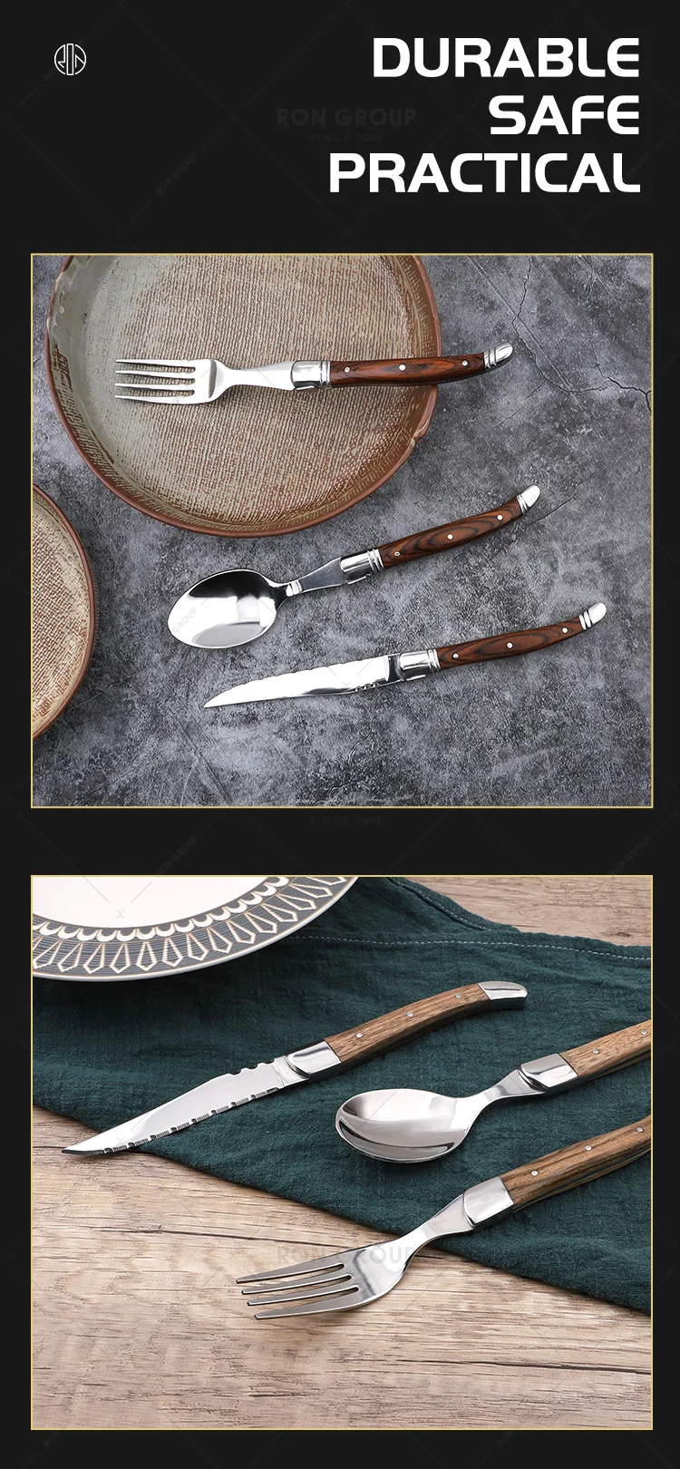 Functional High Quality Factory Fork Silver Wooden Handle Color Knotted Design Silverware Flatware Stainless Steel Cutlery Set