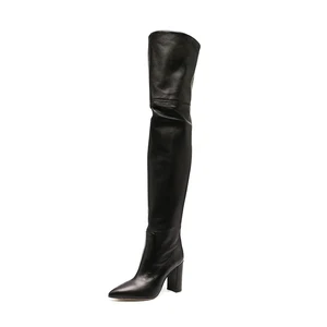 Black PU Leather Over the Knee Boots Chunky Heel Winter Long Boots for Women High Heel Sexy Boot
