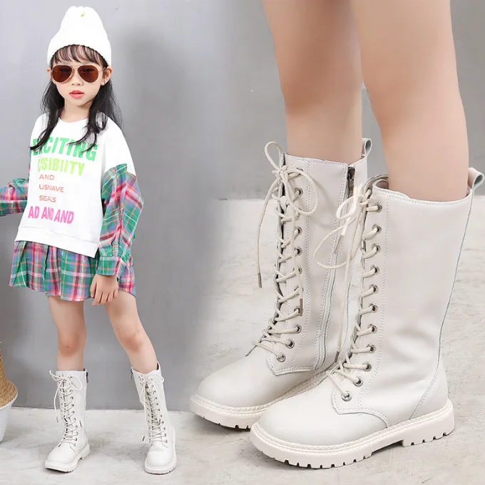 RT1234 модные зимние сапоги для девочек, теплые плюшевые сапоги до колена для девочек, кожаные сапоги