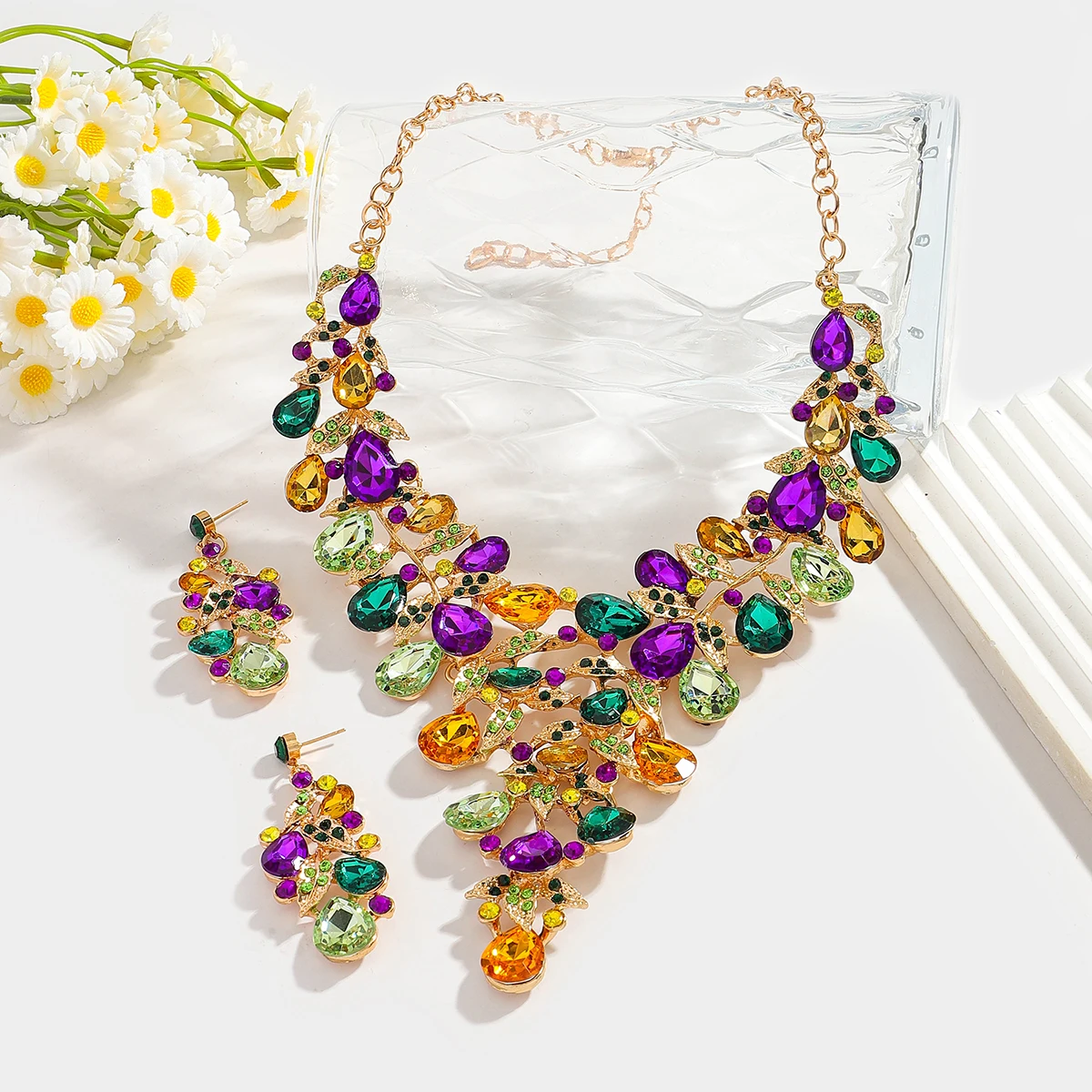 Fashion Carnival Jewelry Set Rhinestone Luxurious Large Necklace Earrings Accessories Co aperçu 4