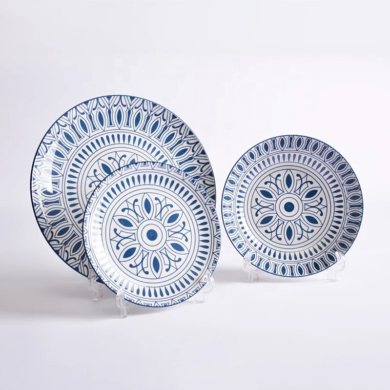 Blue and White Style Eco-Friendly Ceramic Dinner Set Pad Printed Porcelain Restaurant Plate Dishes Dinner Plate