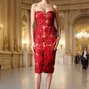 High Quality Red 3D Floral Long Dress 2024 Fall New Fashion Elegant Patchwork Strapless Party Women's Dresses