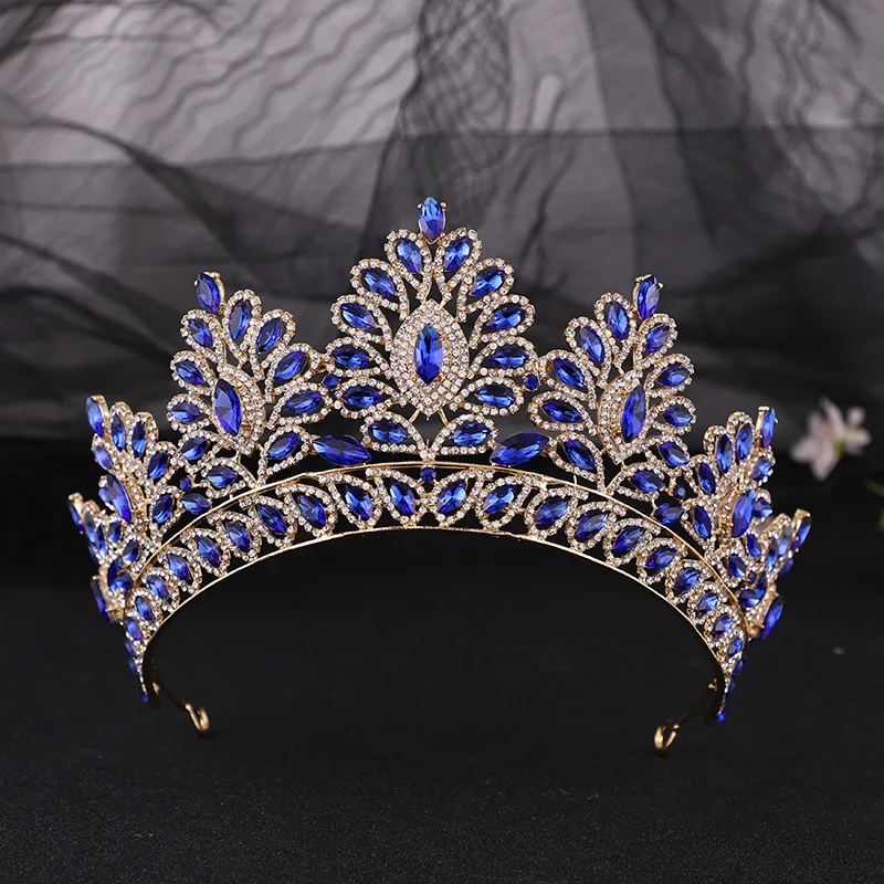 Baroque Gold Color Blue Diadem Rhinestone Crystal Tiaras  display picture 2