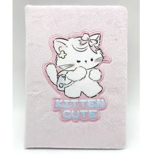 Sewing Cat Cartoon Decoration with Plush Covered Hardcover Notebook Winter Warm Write Journal  Planner with Fluff for Girl