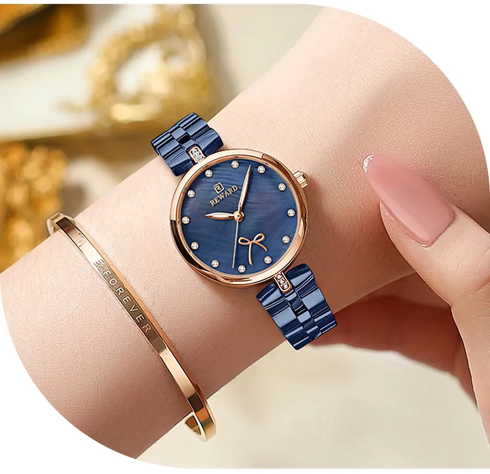 REWARD New Simple Thin Quartz Watches for Women Shell Dial with Rhinestones Clock Female Stainless Steel Band Wristwatch